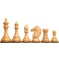 Boxwood Alban Knight Staunton chess pieces standing in a row from king to pawn.