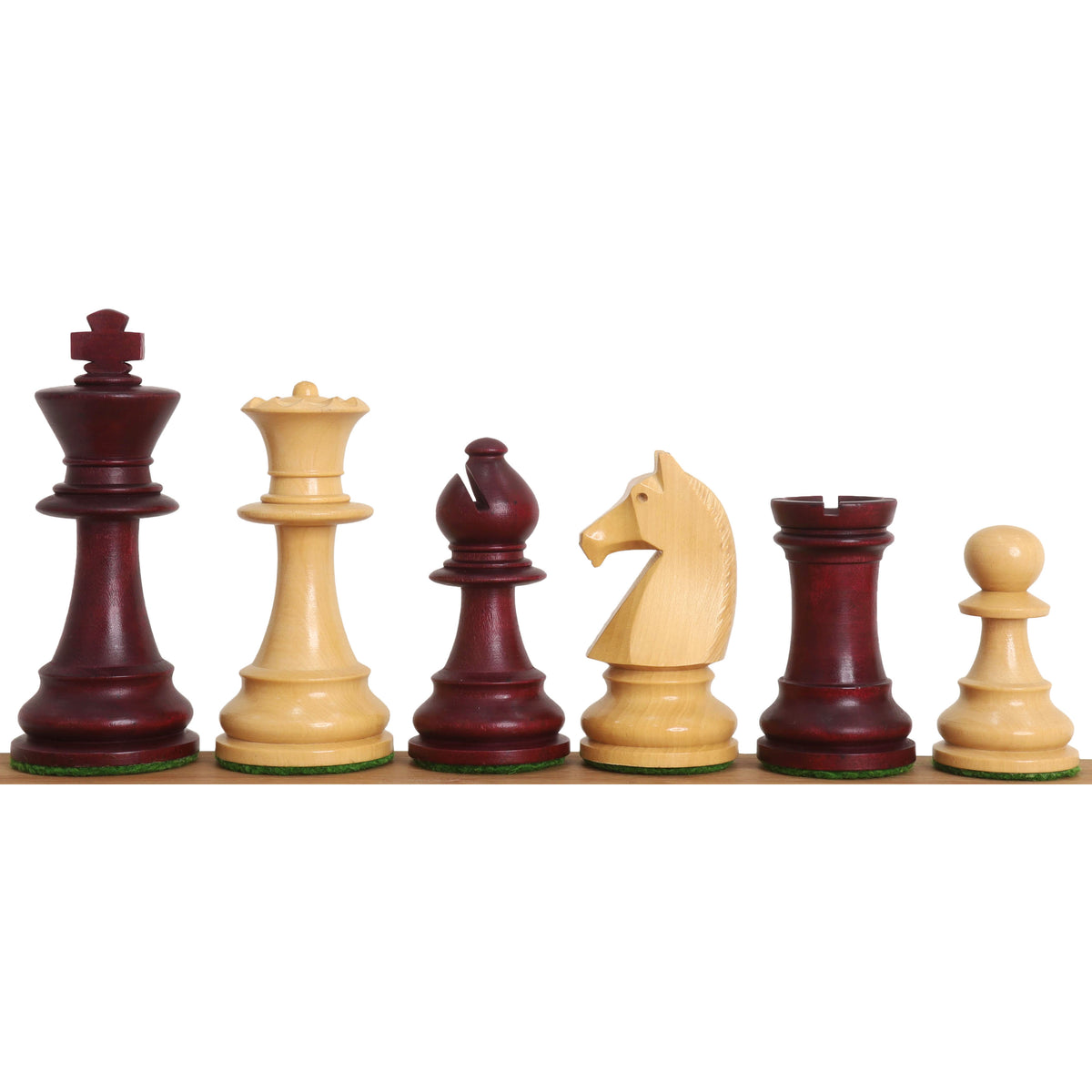 Assorted mahogany stained and boxwood French Chavet chess pieces.