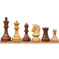 Lineup of 1970s Dubrovnik chess pieces showcasing alternating Boxwood and Golden Rosewood chessmen.