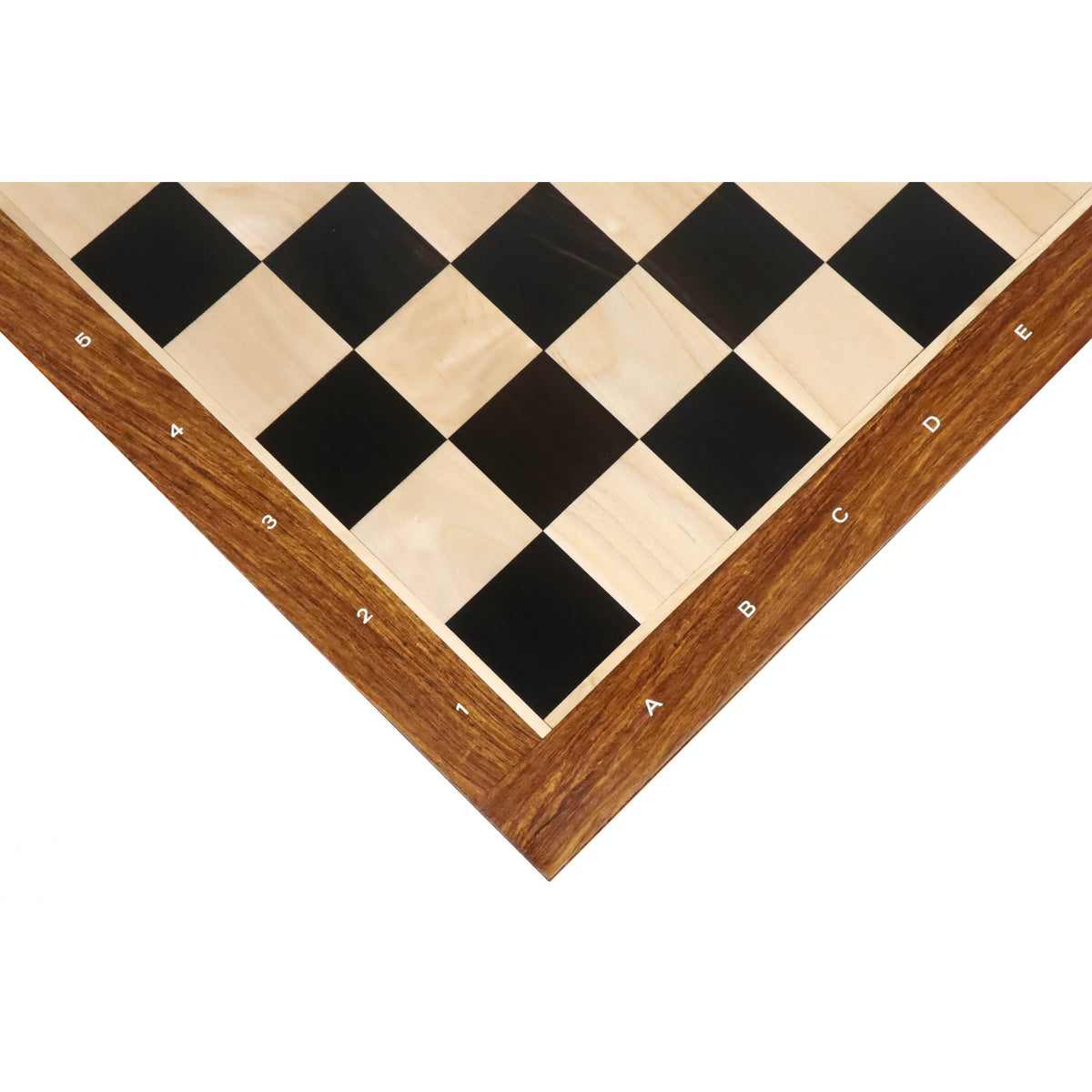 Close-up of a corner on a 23 inch Ebony and Maple wood chessboard showing algebraic notations.