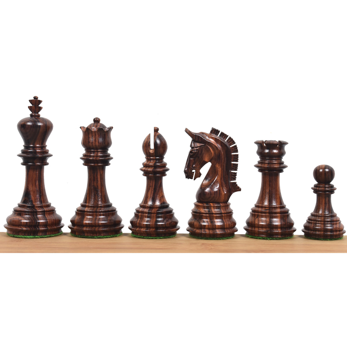 Dark rosewood Imperial Staunton luxury chess pieces arranged in a row from king to pawn.