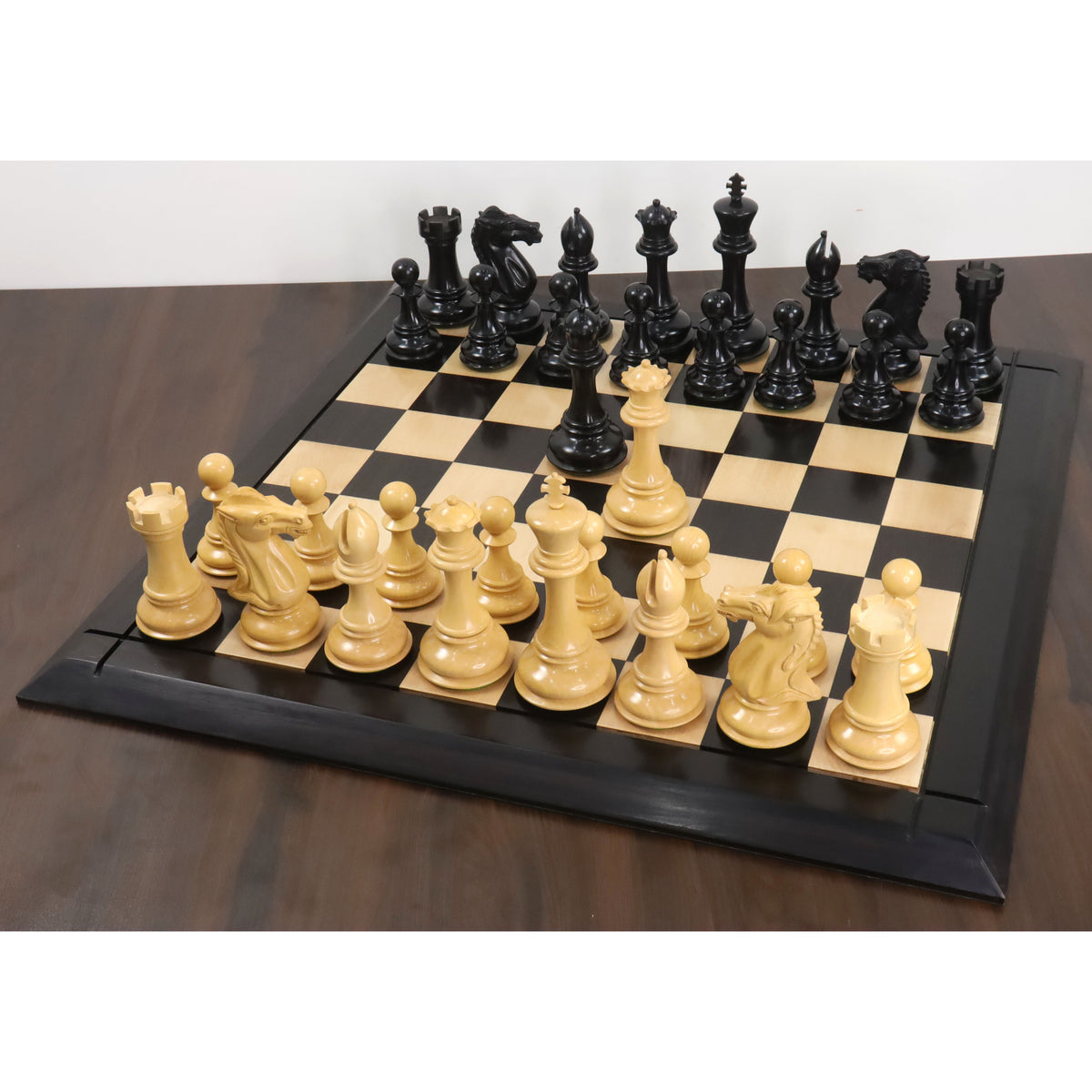 Full 6.1" Mammoth Luxury Staunton chess set in ebony wood arranged on a premium board.