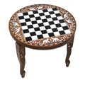 Round wooden chess table in golden rosewood with white acrylic inlay and elephant decorative borders.