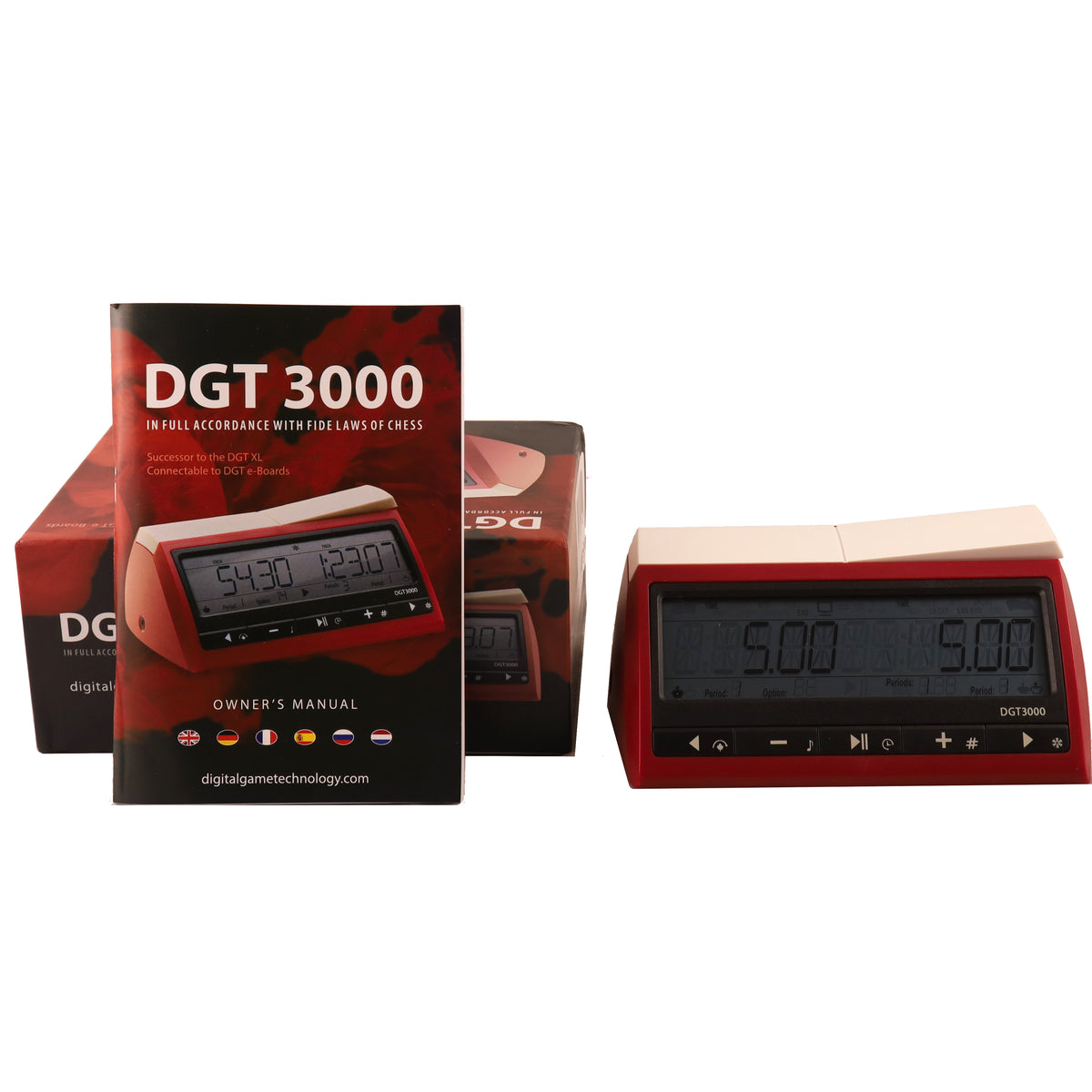 FIDE approved DGT 3000 digital chess clock displayed with its official manual and packaging box.