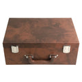 Closed tan brown leatherette chess storage box with secure metallic clasps and carrying handle.