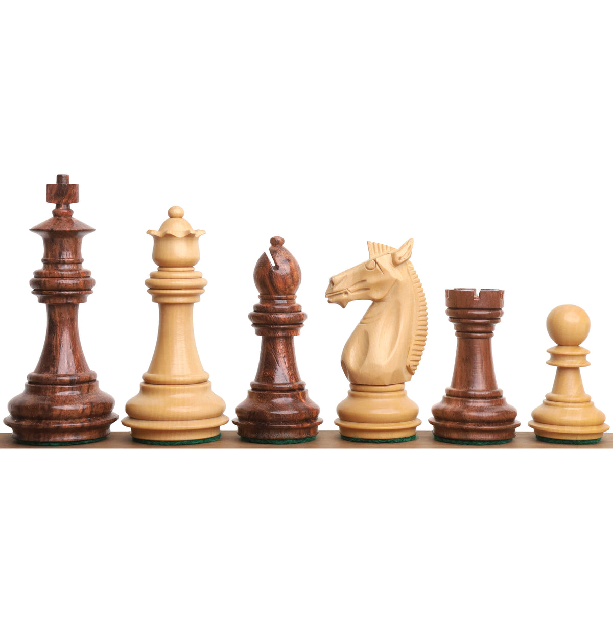 Lineup of alternating Boxwood and Golden Rosewood Meghdoot Staunton chess pieces.