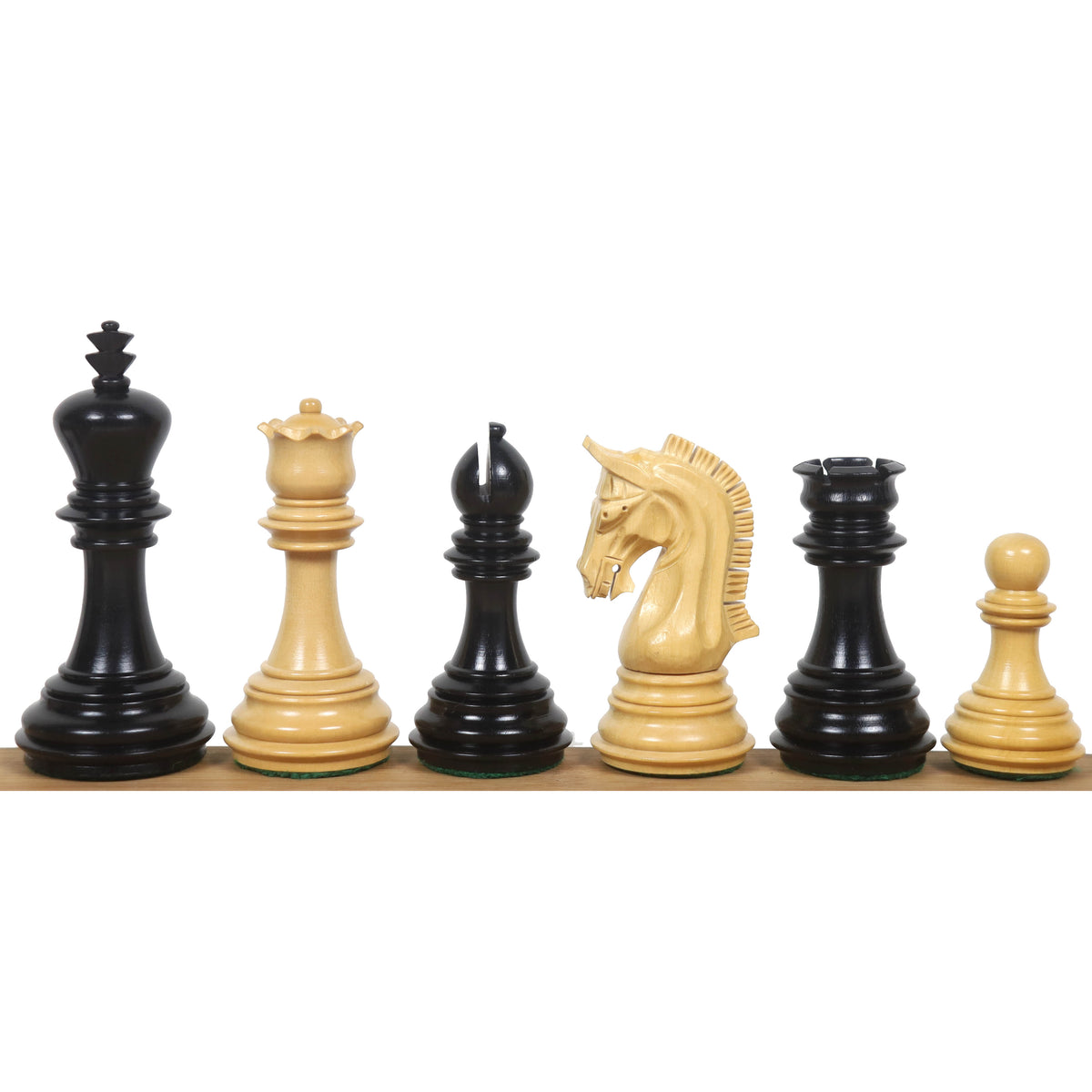 Mixed lineup of dark and light 3.8" Imperial Staunton ebony chess pieces against a white background.