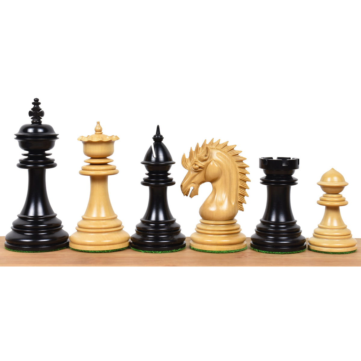 Front view of the 4.4" Dragon Staunton chess set in premium ebony and boxwood.
