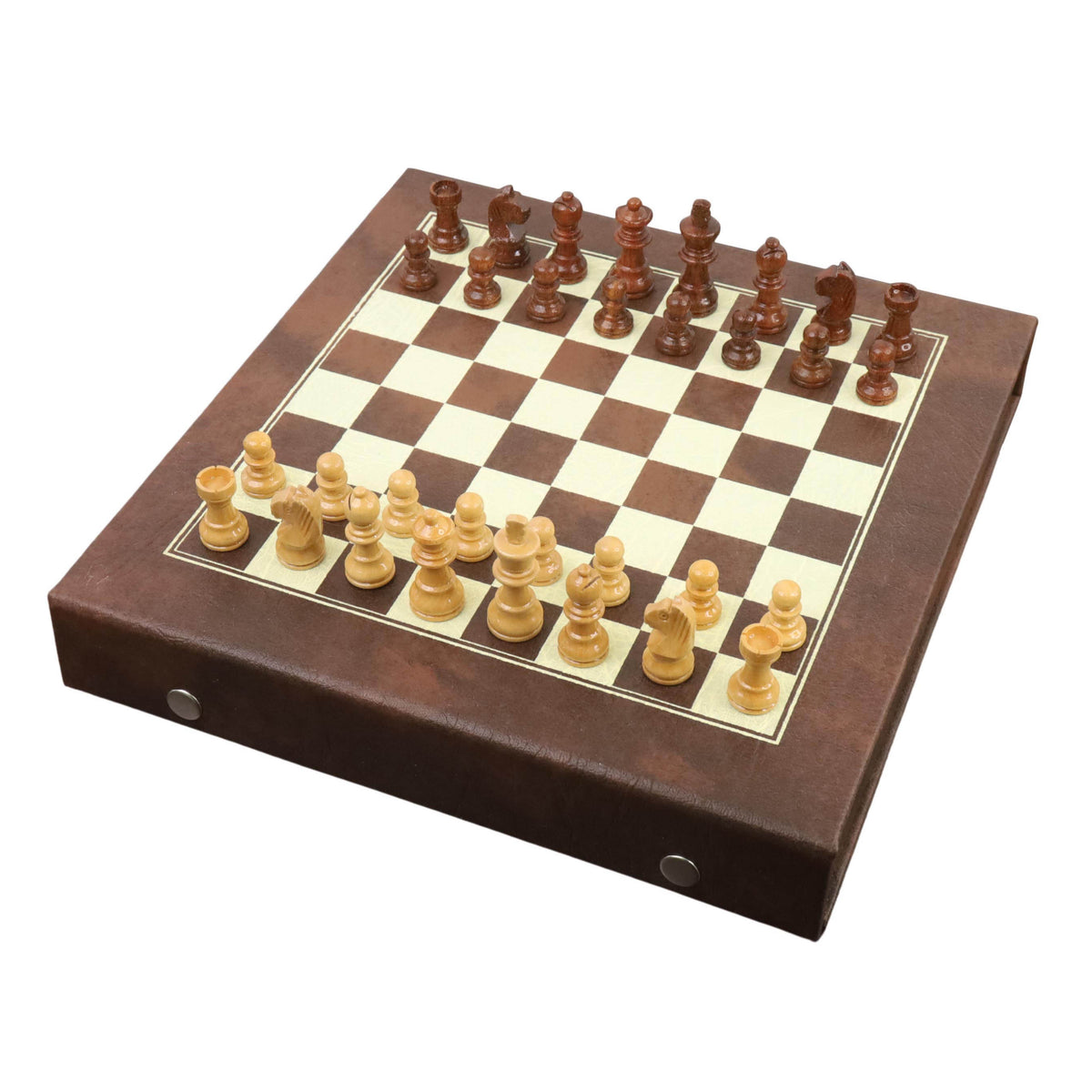 Closed 10-inch magnetic travel chess set with wooden pieces arranged.