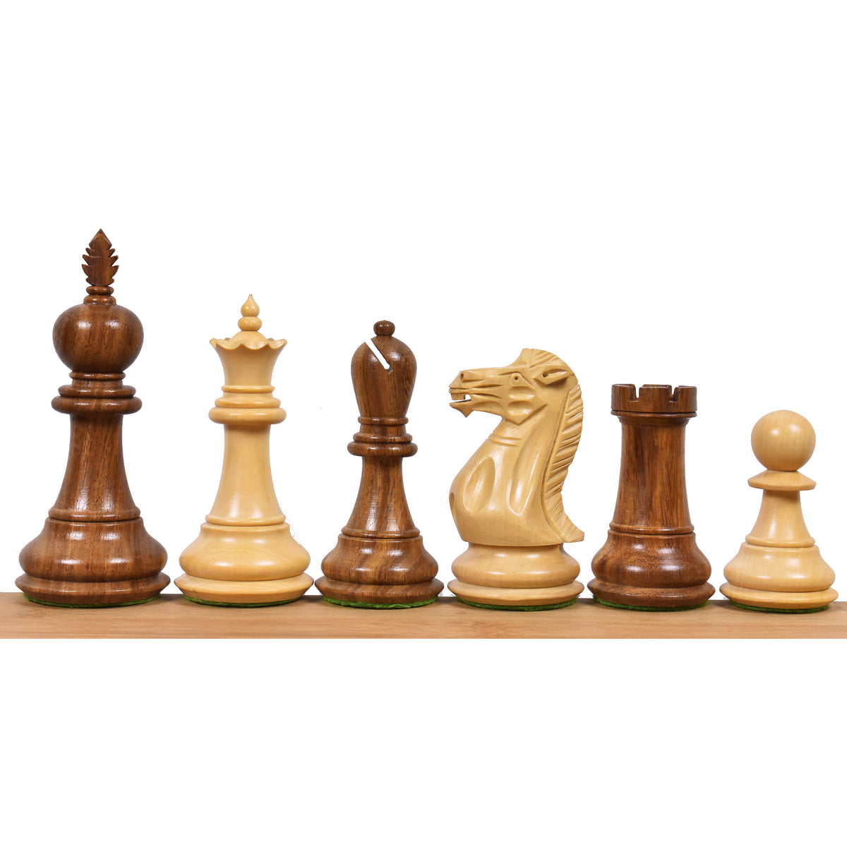 Dark Golden Rosewood Staunton chess pieces lineup.