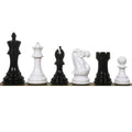 Six Pro Staunton black and white lacquered wooden chess pieces lined up against a white background.