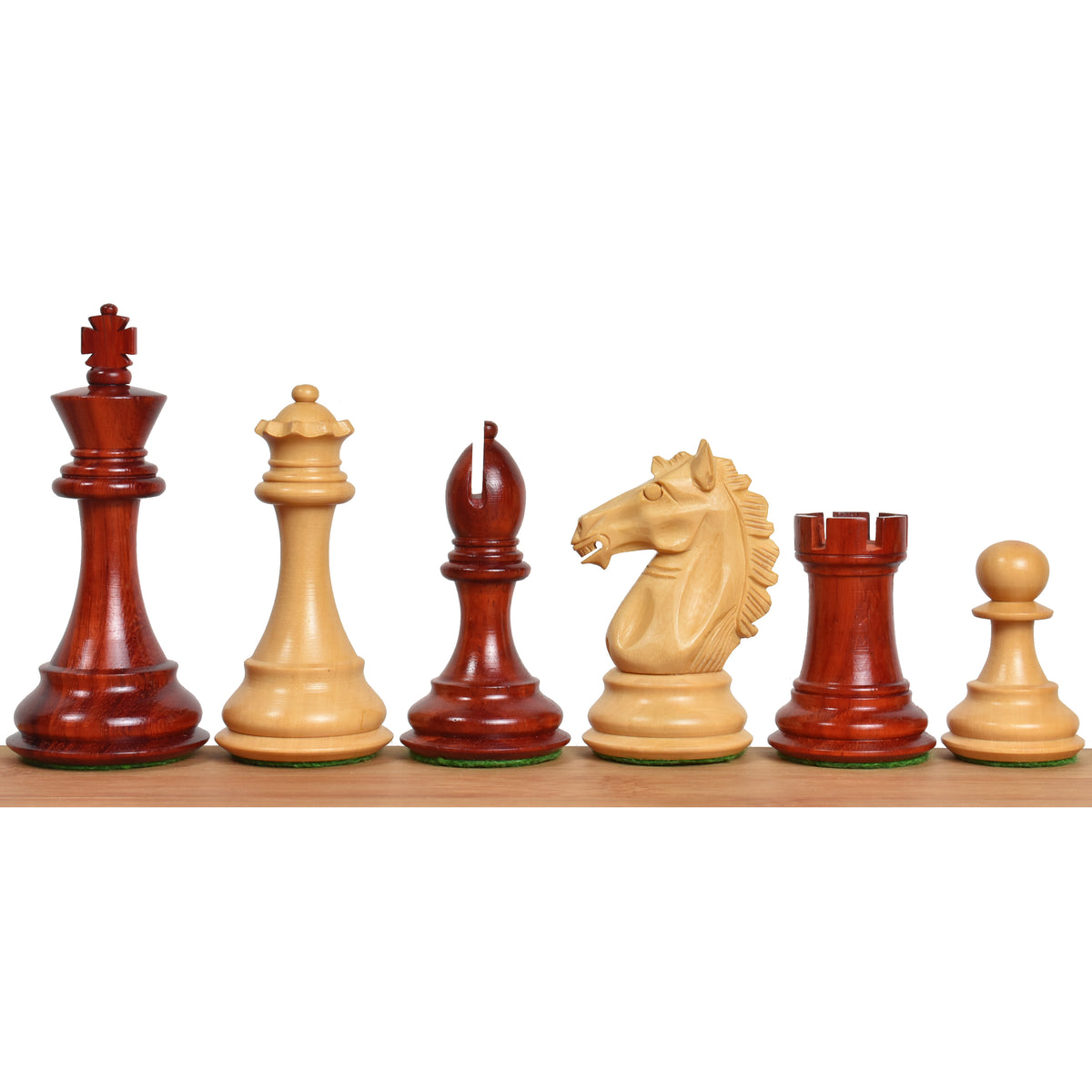 Complete lineup of Exclusive Alban Staunton chess pieces in bud rosewood and boxwood