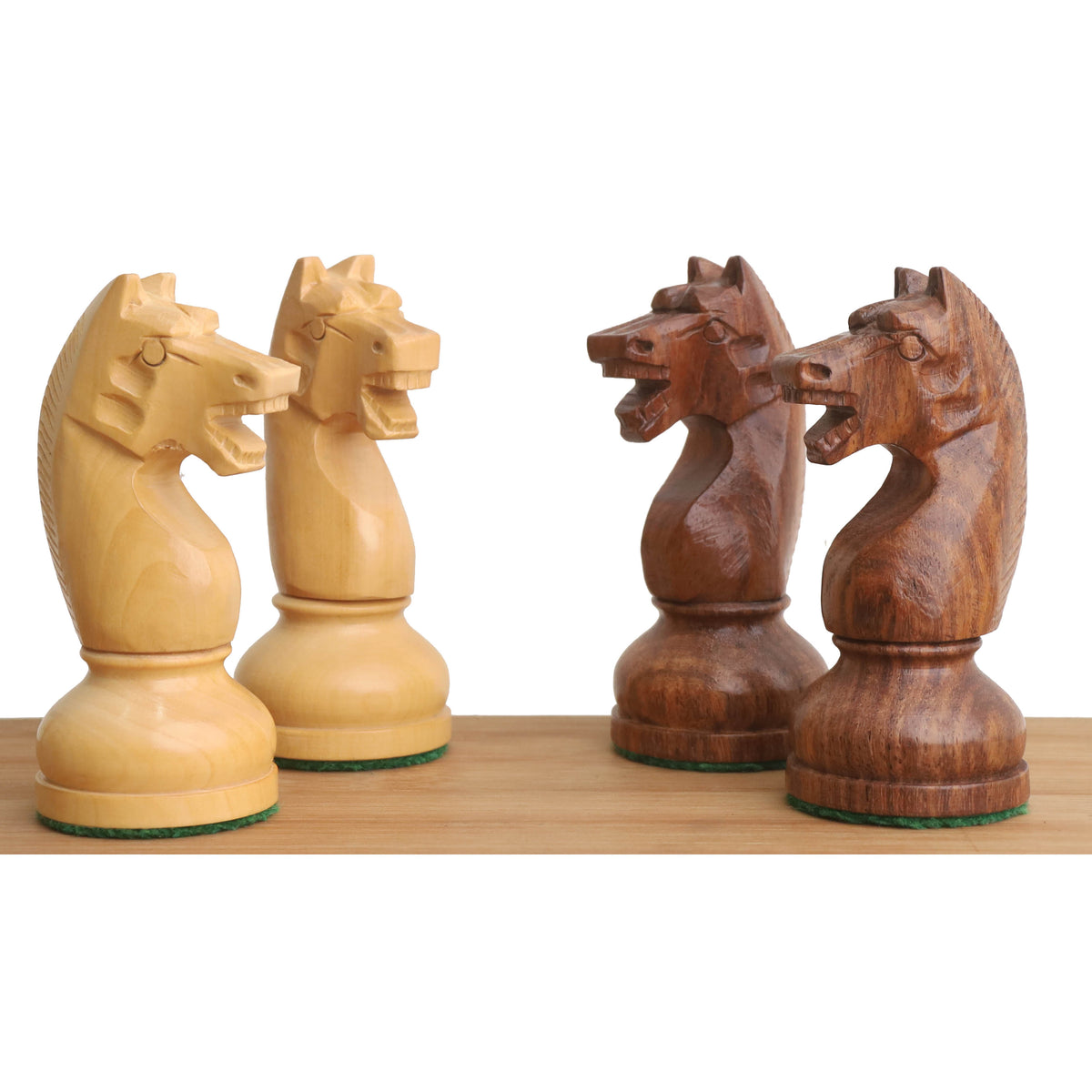 Close-up of intricately carved knight pieces from our Soviet Russian 1960s chess set.