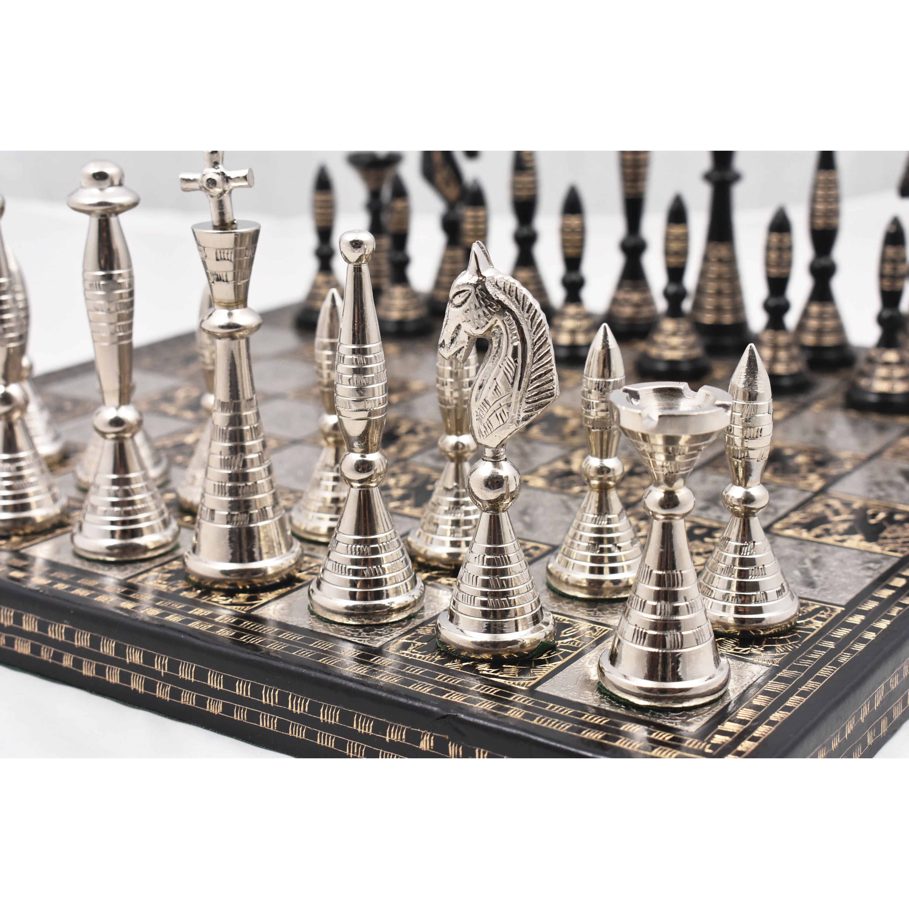 Solid Brass Metal Tribal Artwork Warli Luxury Chess Pieces & Board Set- 12  - Black & Gold…