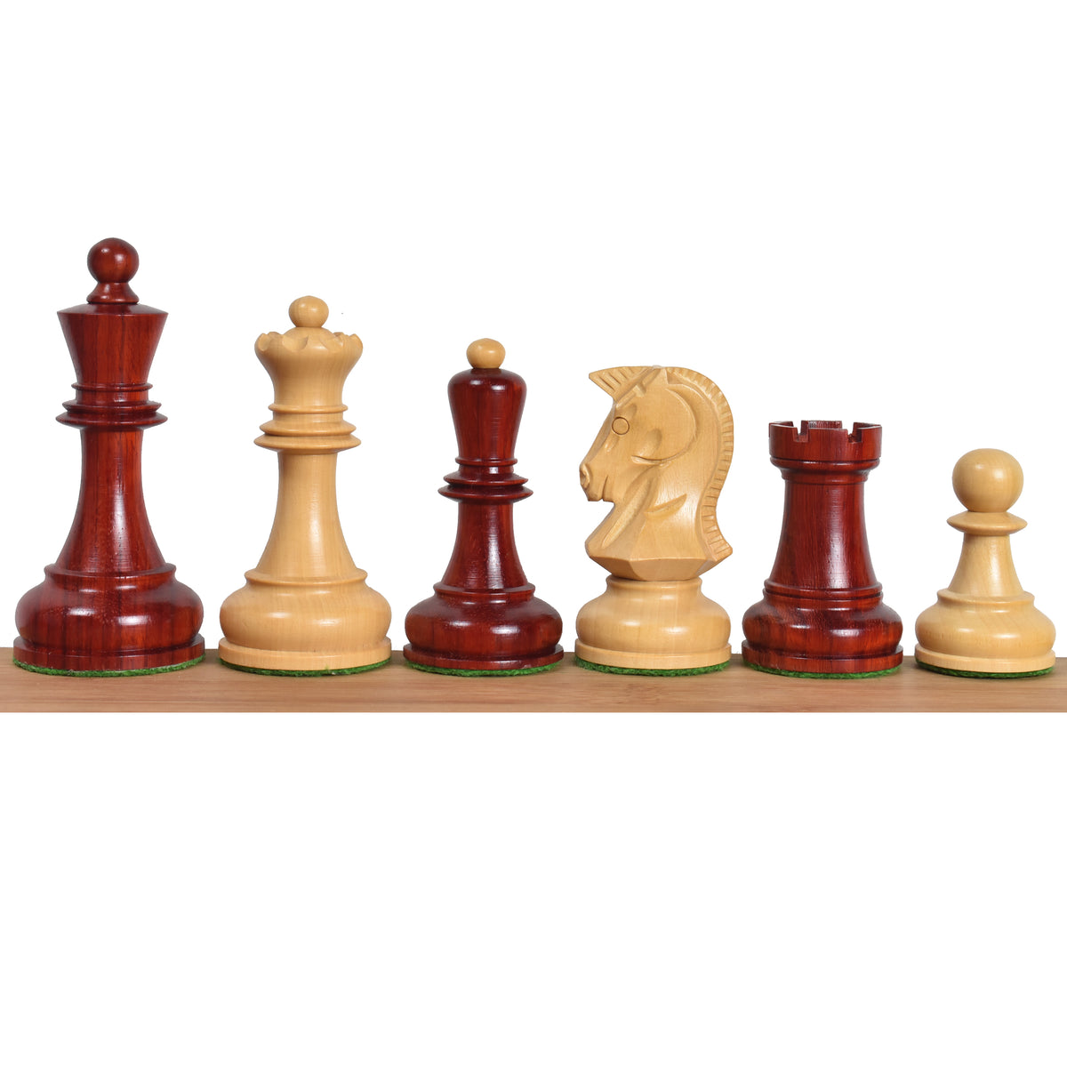Comparison lineup of the 1970s Dubrovnik chess pieces featuring both Bud Rosewood and Boxwood finishes.