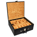 Luxury black leatherette storage box for chess pieces with velvet lining.