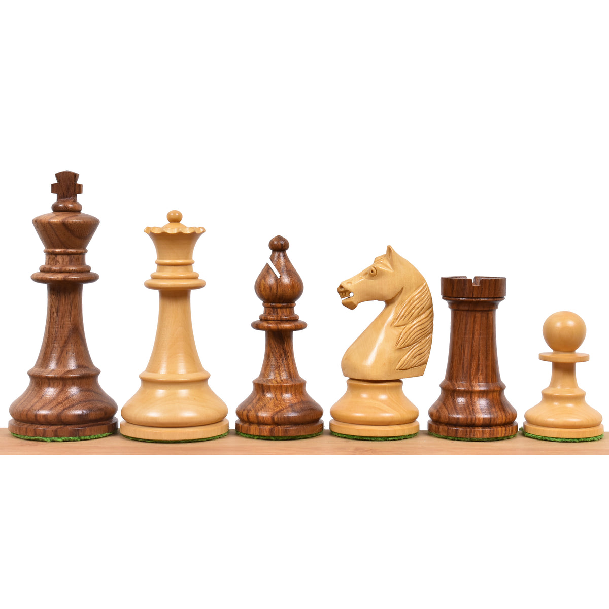 Full lineup of French Grandmaster Staunton chess pieces in golden rosewood and boxwood on display.