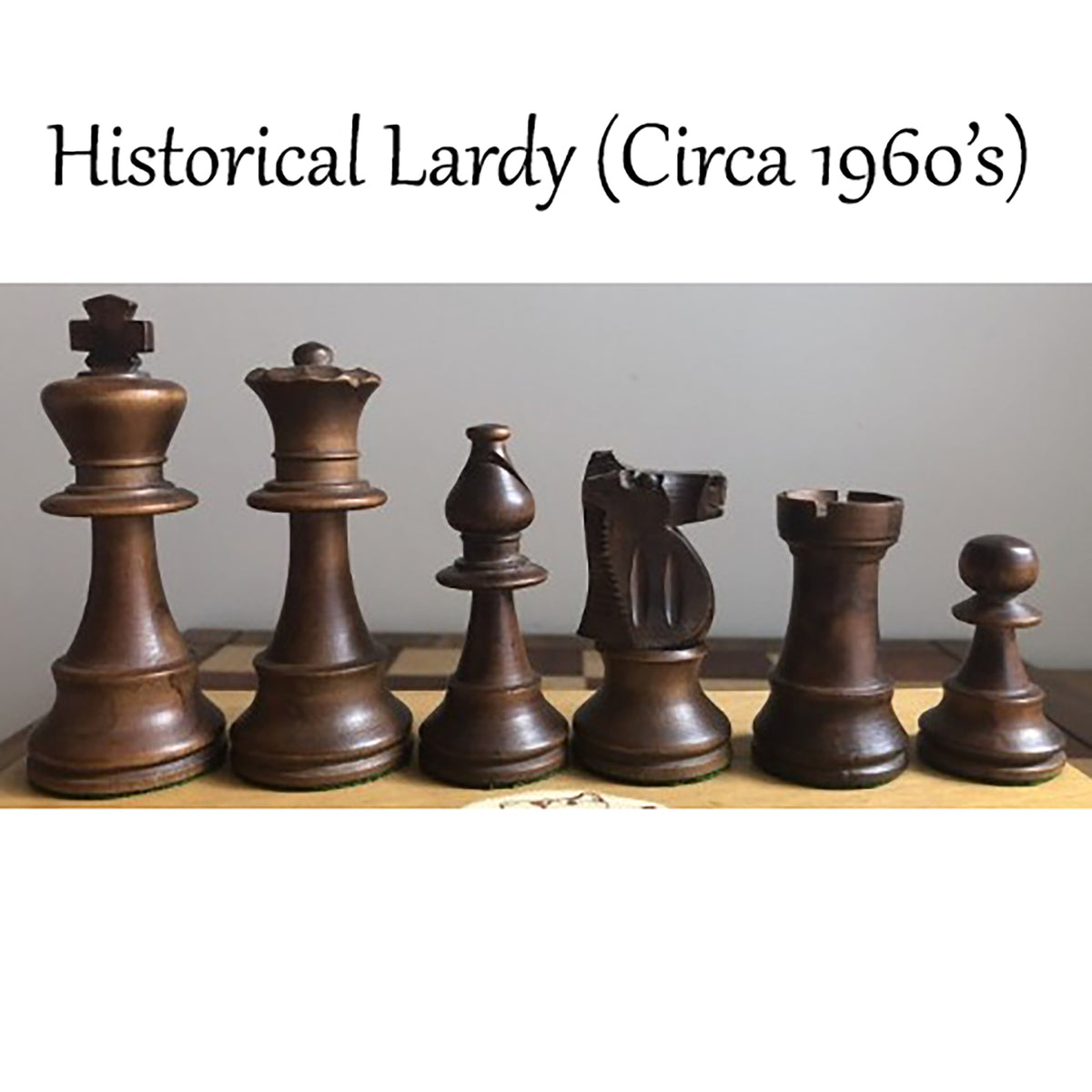 Dark antiqued boxwood Improved French Lardy chess pieces from the collection.