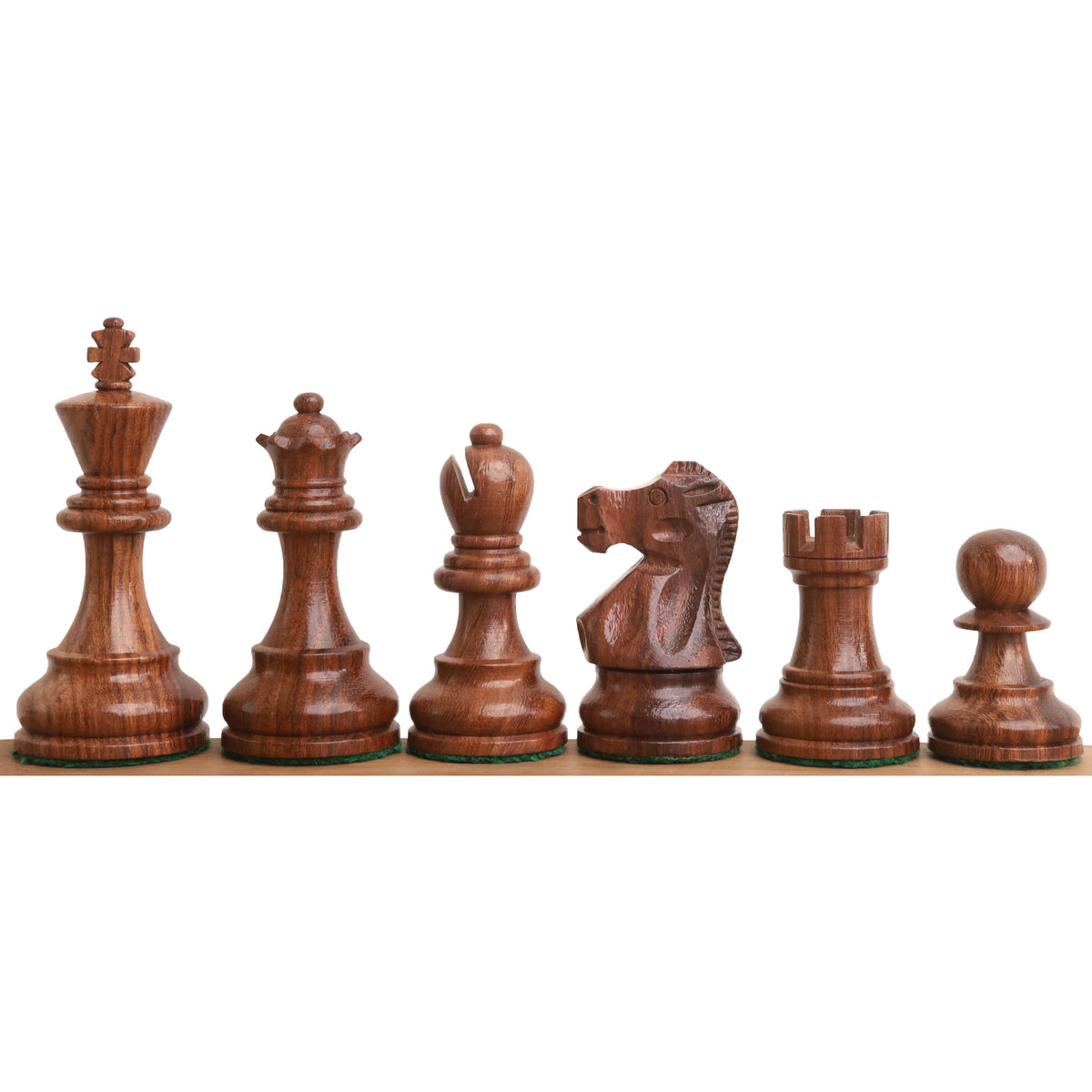 Complete front-facing lineup of golden rosewood pieces from the Reykjavik Series Staunton chess set.