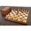 Full 3.9 inch championship chess set combo featuring golden rosewood and boxwood pieces on a wooden board.