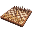 20 inch golden rosewood and maple travel chess set with Staunton style pieces on an inlaid wooden board.