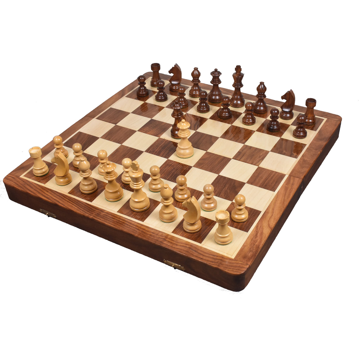20 inch golden rosewood and maple travel chess set with Staunton style pieces on an inlaid wooden board.