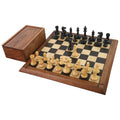Pro Staunton weighted wooden chess set with storage box on a display board.