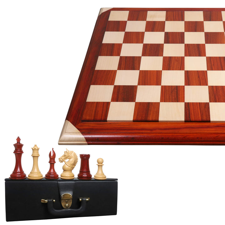 4.2" American Staunton Piezas de ajedrez de lujo de madera de Budrose con tablero de ajedrez de lujo de madera de palisandro y arce de 21" Bud y caja de almacenamiento de cofre de cuero artificial