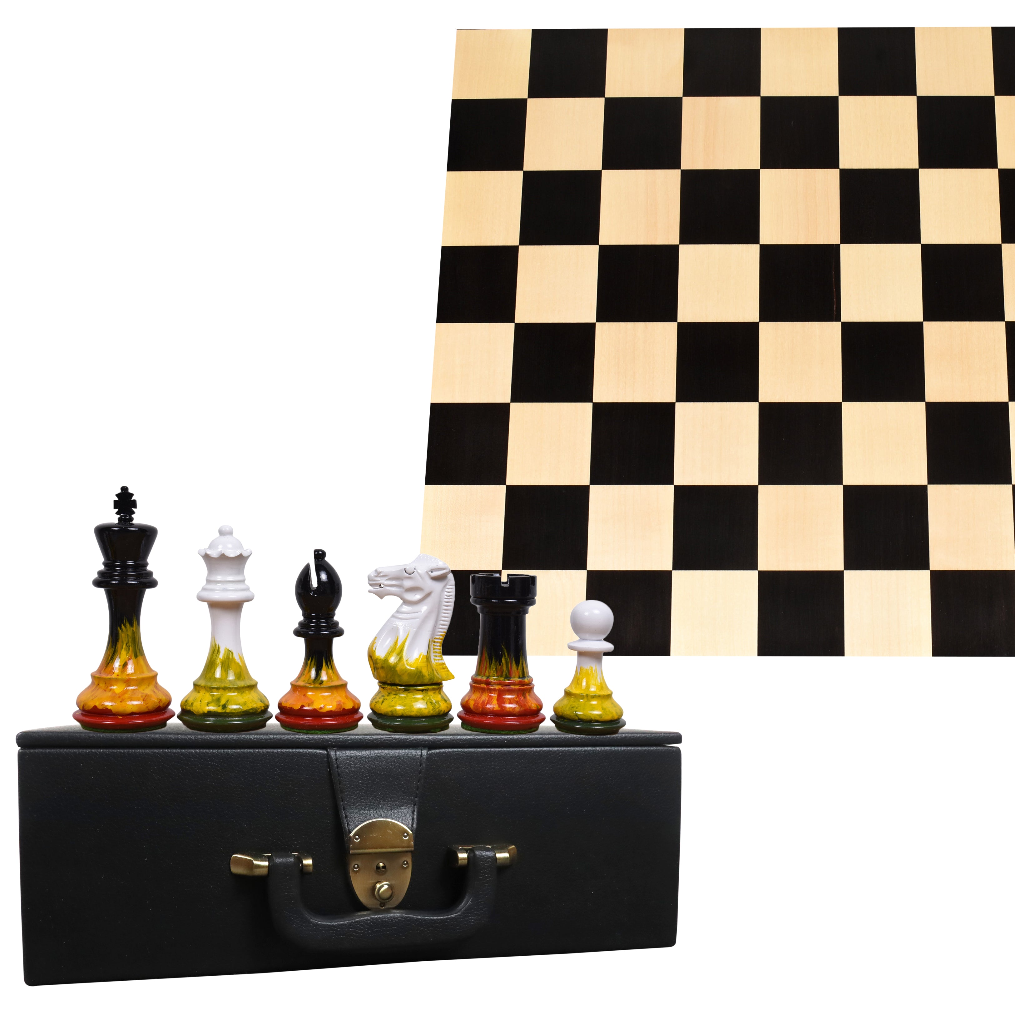 4.1" Fire & Ice Painted Staunton Weighted Wooden Chess Pieces With 17.7" Solid Ebony & Maple Wood Board And Leatherette Coffer Storage Box