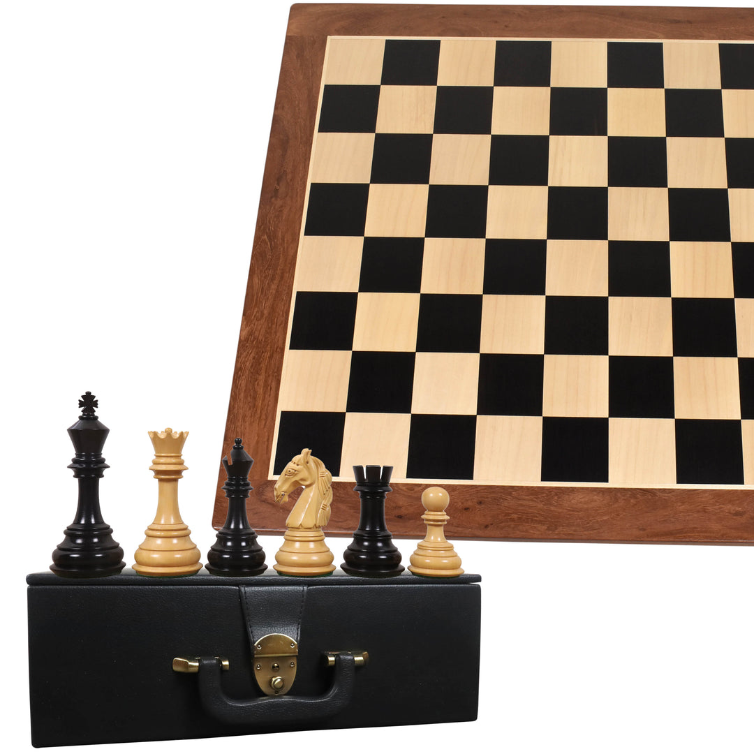 4.6″ Seltene kolumbianische dreifach gewichtete Ebenholz-Luxus-Schachfiguren mit 23" Ebenholz - & Ahornholz-Schachbrett und Kunstleder - Koffer Aufbewahrungsbox