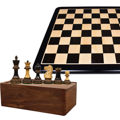3.9" Parker Staunton Carved Chess Pieces With 21" Inlaid Ebony & Maple Wood Board And Golden Rosewood Chess Pieces Storage Box