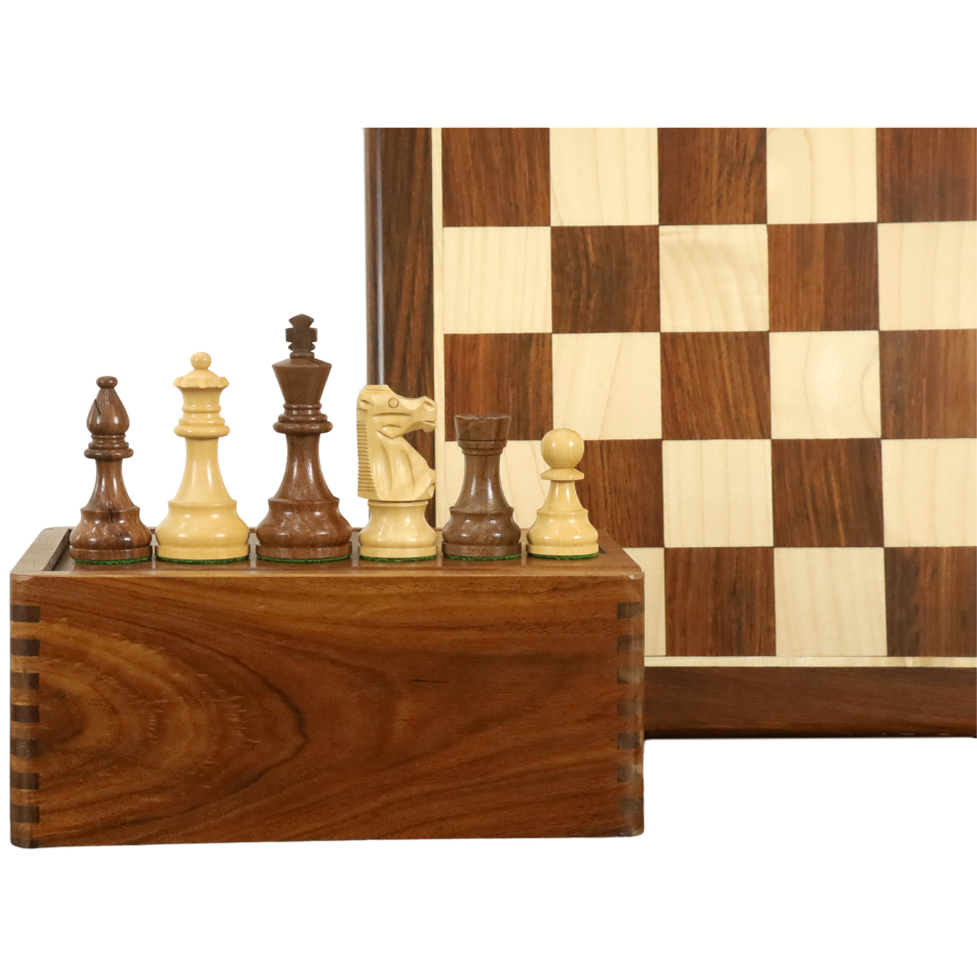 French Lardy Staunton Chess Pieces With Board & Storage Box - Golden Rosewood