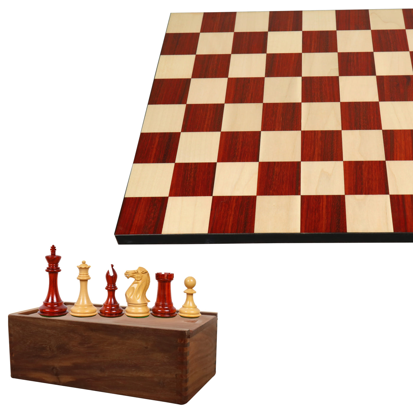 Combo of 4" Sleek Staunton Luxury Chess Set - Pieces in Bud Rosewood with Borderless Chess board and Storage Box