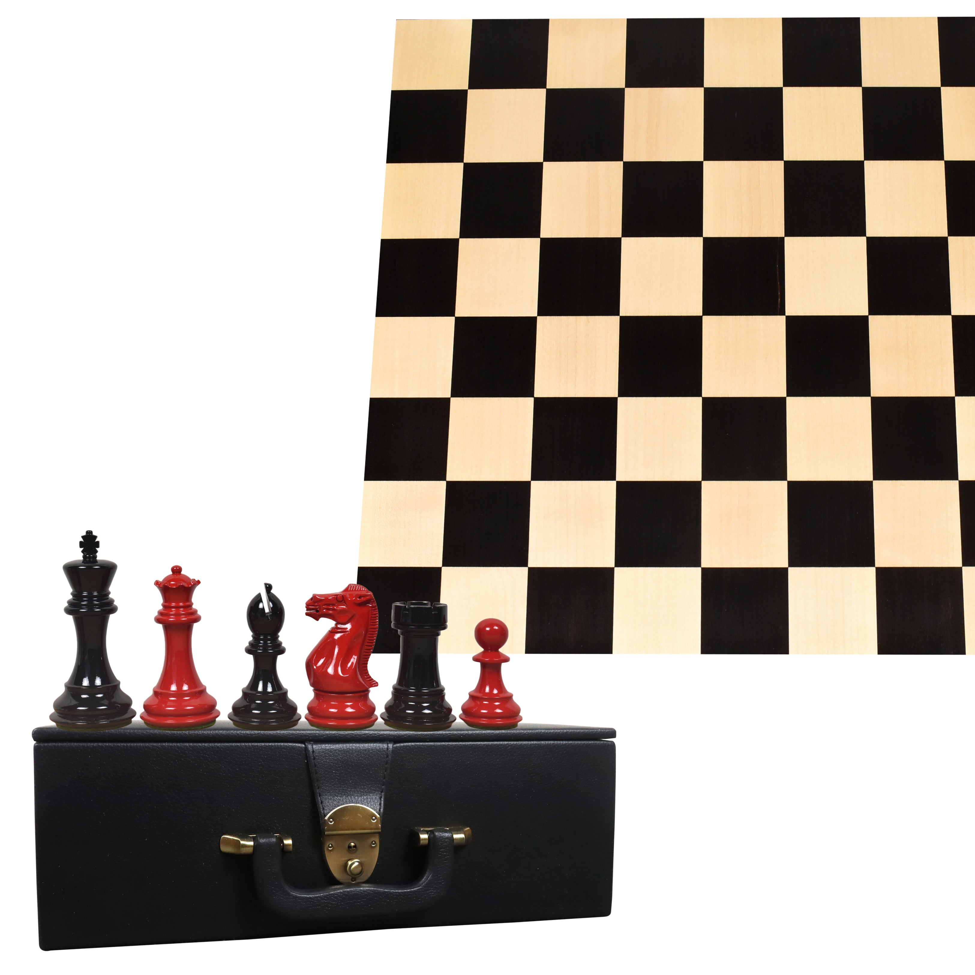 4.1" Pro Staunton Weighted Red & Black Painted Wooden Chess Pieces With Borderless 55 Mm Square Chess Board In Solid Ebony & Maple Wood And Leatherette Coffer Storage Box