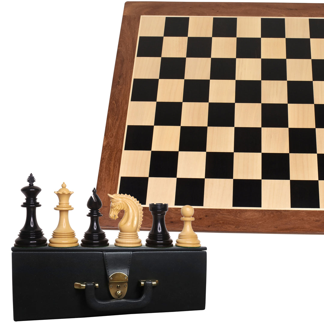 Piezas de ajedrez de lujo de madera de ébano Patton Staunton de 4,2" con tablero de ajedrez de 23" de madera de ébano y arce con acabado mate, bordes de sheesham y caja de almacenamiento de cofre de piel sintética