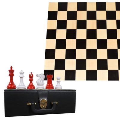 4.1" Pro Staunton Weighted Red & White Painted Wooden Chess Pieces With Borderless 55mm Square Chess Board In Solid Ebony & Maple Wood And Leatherette Coffer Storage Box