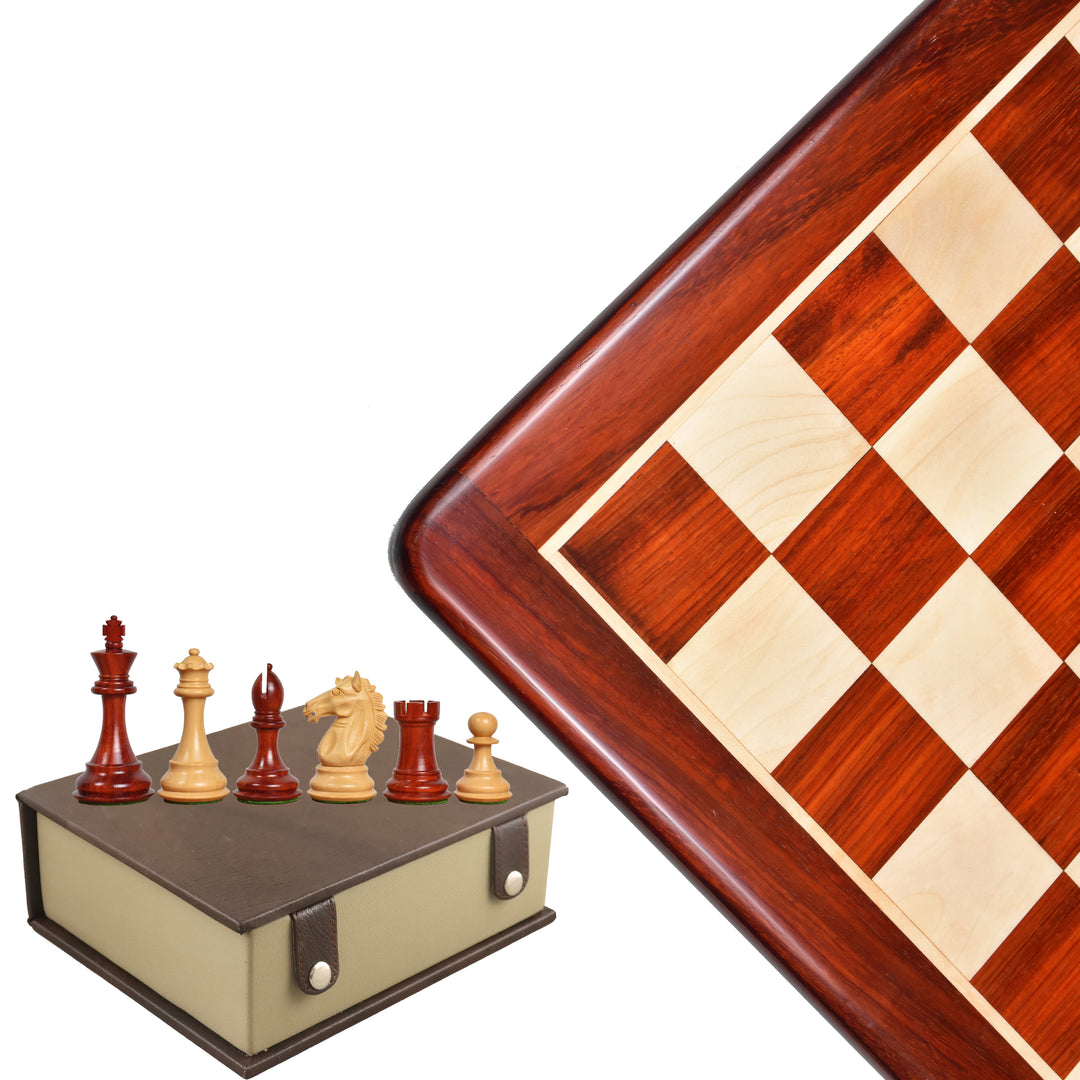 Piezas de ajedrez exclusivas de Alban Staunton Bud Rose Wood con tablero de ajedrez de 21" Bud Rosewood & Maple Wood y caja de almacenamiento estilo libro.
