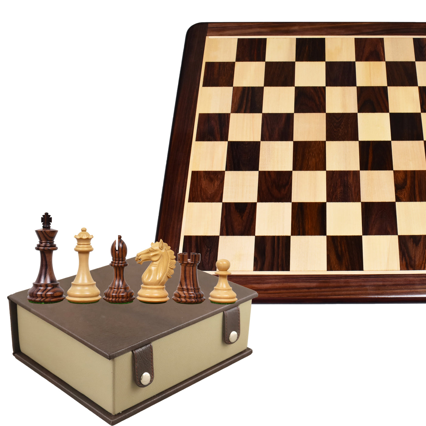 3.9" Exclusive Alban Staunton Rosewood Chess Pieces with 21" Large Flat Chess board Rosewood & Maple Wood and Book Style Storage Box