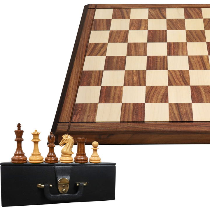 Combo van Gouden Rozenhout - 3.9" Craftsman Series Staunton schaakstukken met 21" Drueke schaakbord en kunstlederen opbergdoos.
