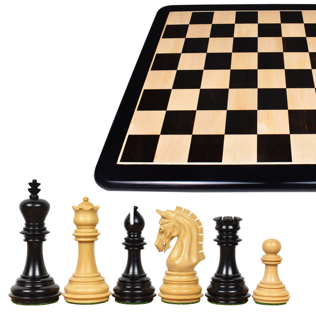 Pezzi di scacchi in legno di ebano di lusso Imperial Staunton da 3,8" con scacchiera in legno massiccio intarsiato di ebano e acero da 21".