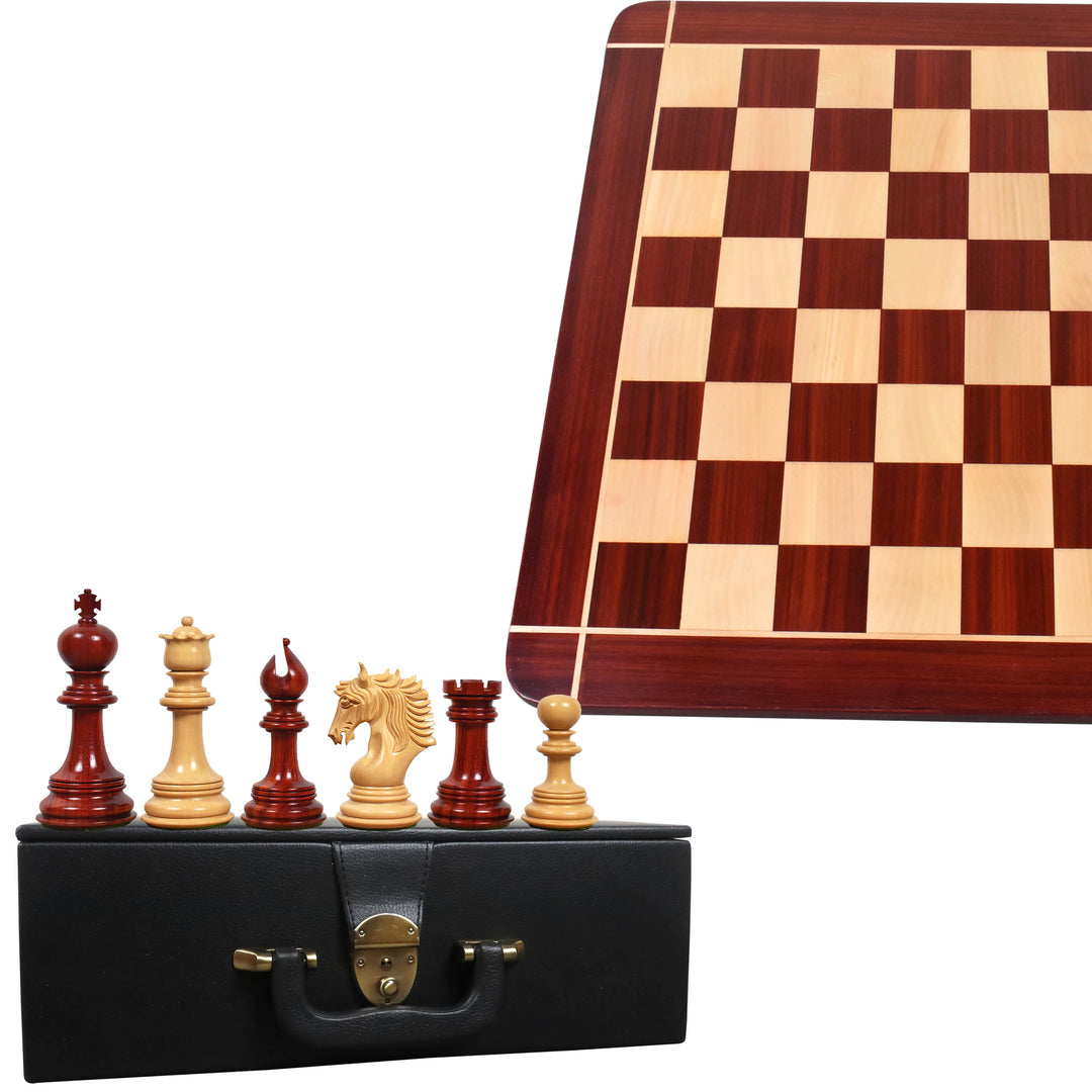 4.6" Arthur Luxe Staunton Bud Rosewood Schaakstukken met 23" Bud Rosewood & Maple Wood Signature houten schaakbord en kunstlederen Coffer Opbergdoos.
