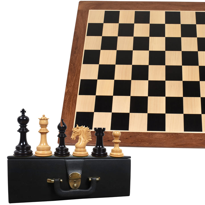 Pièces d'échecs Arthur Luxury Staunton en bois d'ébène de 4,6" avec échiquier en bois d'ébène et d'érable de 23" - bordures en Sheesham - finition mate et boîte de rangement en similicuir.