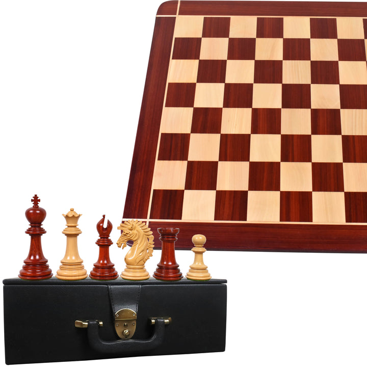 Kombo af 4,6" Mogul Staunton Luksus Bud Rosentræ skakbrikker med skakbræt og opbevaringsboks