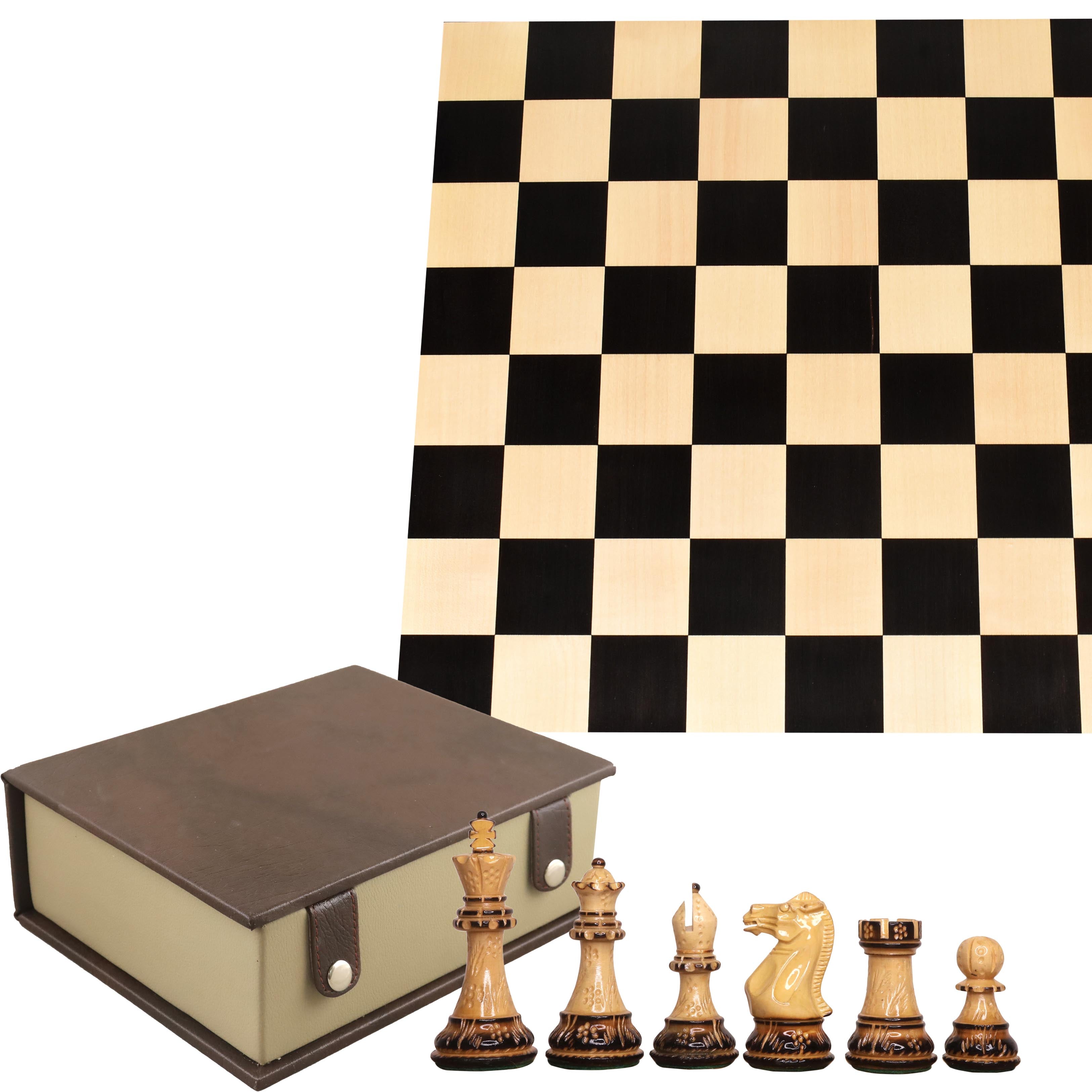 4" Professional Staunton Hand Carved Gloss Finish Boxwood Chess Pieces With 17.7" Borderless Ebony & Maple Wood Chess Board And Book Style Storage Box