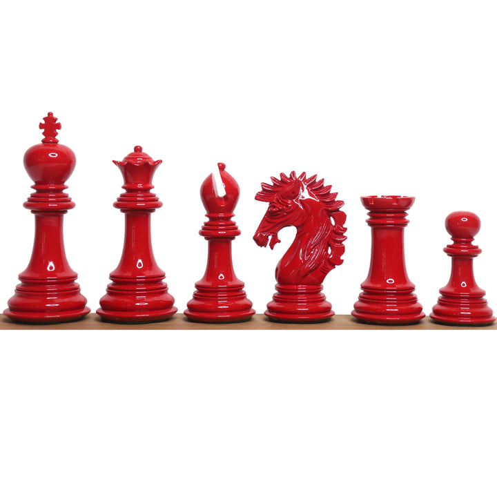 Pièces d'échecs Mogul Staunton laquées de 4,6" avec échiquier en bois d'ébène et d'érable de 23" et boîte de rangement en similicuir pour le coffre.