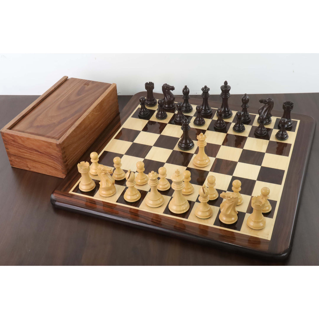 Combo di pezzi di scacchi in legno pesati Pro Staunton da 4,1" in palissandro con scacchiera da 21" e scatola di legno per riporli
