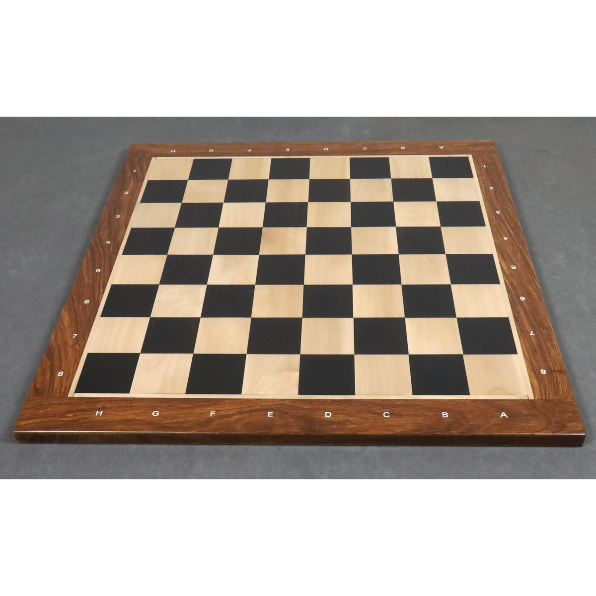 Full flat-lay studio view of a 23 inch Large Ebony and Maple Wood Chessboard with 60 mm squares.