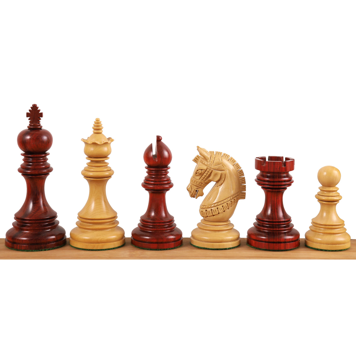 Alternating dark and light bud rosewood Staunton chess pieces in a row.