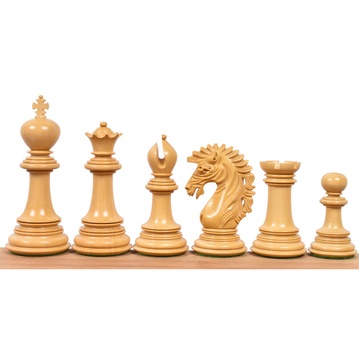 Pièces d'échecs en bois de rose Bud de luxe Mogul Staunton de 4.6" avec un échiquier de 23" en bois de rose Bud &amp; érable Signature et une boîte de rangement en similicuir.