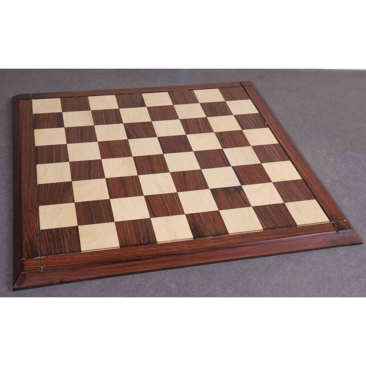 Full perspective view of the 23" Players Choice professional chess board featuring Rosewood and Maple squares.